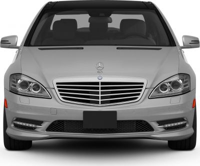 Front view with LED daytime running lights and large chrome grille