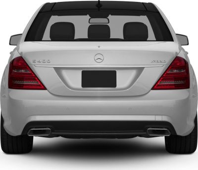 Rear view with S400 Hybrid badge and dual exhausts on a luxury sedan