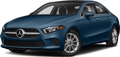 Front side of blue sedan with LED headlights and alloy wheels