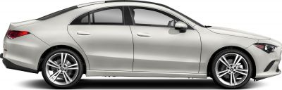 Sleek side profile of a silver four-door coupe with alloy wheels.