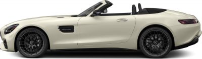 Convertible sports car side profile with black multi-spoke wheels and V8 biturbo badge