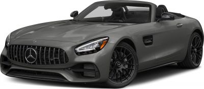 Front angle view of a Mercedes-AMG GT Roadster with V8 biturbo badge and sporty grille