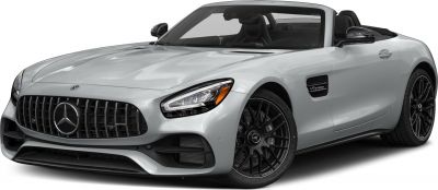 Convertible sports car with prominent AMG grille and V8 biturbo badge