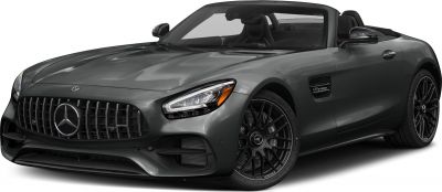 Front view with vertical grille and sporty alloy wheels of a convertible roadster