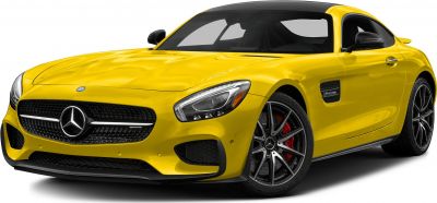 Yellow sporty coupe front view with grille and alloy wheels