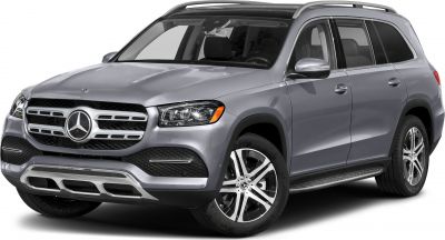 Front and side view of a large SUV featuring grille, headlights, and alloy wheels.