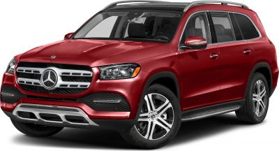 Red luxury SUV with prominent grille and LED headlights