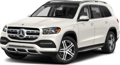 Front-side view of white SUV with distinctive grille and wheels
