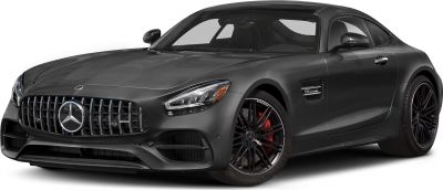 Front grille and LED headlights of a sleek black coupe
