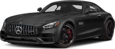 Matte black AMG GT coupe with vertical grille and V8 biturbo badge