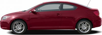 Side profile of a red coupe with alloy wheels