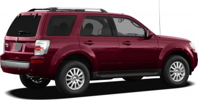 Red SUV showing rear and side profile with roof rails and alloy wheels