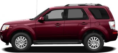 Side profile of red 4-door SUV with roof rails and alloy wheels