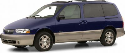Side view of two-tone mid-size minivan with sliding rear door and roof rails