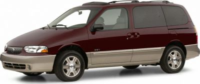 Side view of a two-tone mid-size minivan with roof luggage rack.