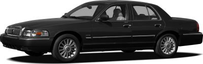 Full-size black sedan with chrome grille and alloy wheels side view