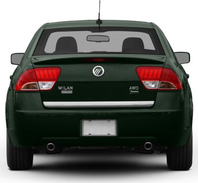 Rear view of sedan with AWD badges and dual exhaust pipes