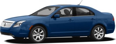 Blue mid-size sedan side profile with alloy wheels