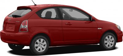 Rear side view of a red compact hatchback with three doors
