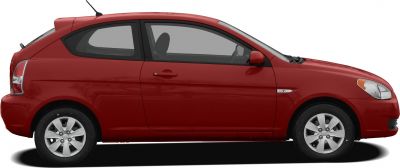 Red compact hatchback showing side view with alloy wheels.