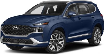 Front-side view of blue SUV with distinctive grille and alloy wheels