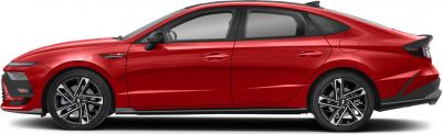 Sporty red sedan side profile with aerodynamic design and alloy wheels