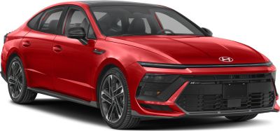 Red modern sedan with LED headlights and sporty front grille