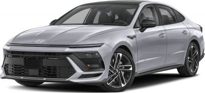 Modern sedan front and side view with sharp headlights and large alloy wheels