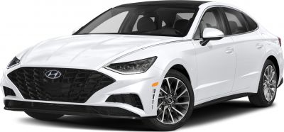 Front grille and LED headlights of white sedan