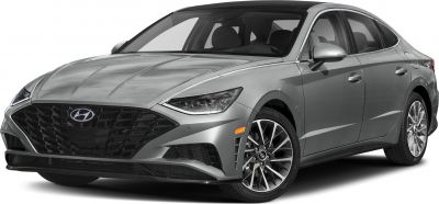 Front and side view of sleek mid-size sedan with LED headlights and bold grille