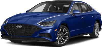 Blue sedan with sharp headlights and large black grille from the front side