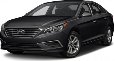 Front and side view of sedan with distinctive headlights and grille
