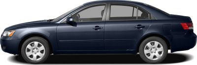 Side profile of a mid-2000s sedan with alloy wheels and streamlined body