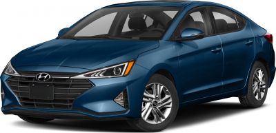 Front grille and sharp headlight design on blue compact sedan