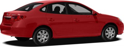 Side profile of a red compact sedan with alloy wheels and tinted windows.