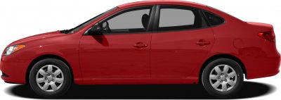 Side profile of red sedan with distinct wheel design