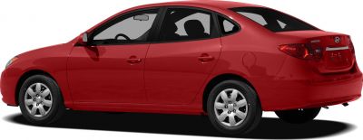 Side and rear view of a red compact sedan with smooth body lines and alloy wheels