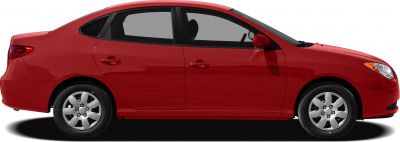 Side profile of a red 4-door sedan with alloy wheels