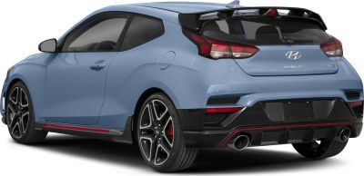 Sporty hatchback rear view with dual exhaust and prominent rear spoiler