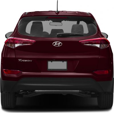 Rear view with tail lights and rear windshield of a mid-size SUV.