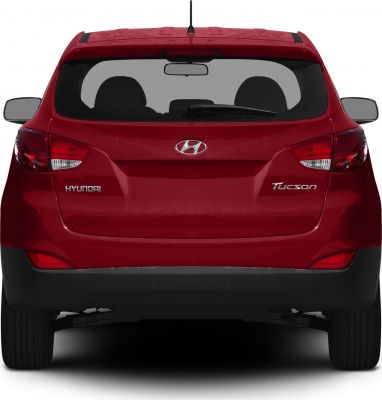 Rear view of red SUV with taillights and rear window wiper