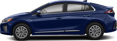 Blue hybrid sedan side profile with aerodynamic shape and alloy wheels