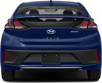 Rear view of electric hatchback with distinct tail lights and emblem