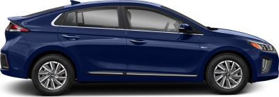 Side profile of blue hatchback with alloy wheels