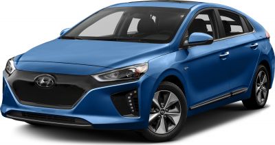 Electric hatchback front side view with sleek headlights and black grille