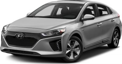 Front-side hybrid hatchback with aerodynamic design and LED daytime running lights