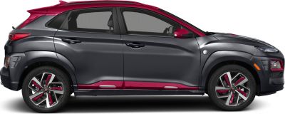 Side profile with custom red accents on wheels, mirror, and trim