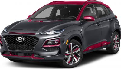 Front-side view of compact SUV with LED lights and two-tone gray-red styling