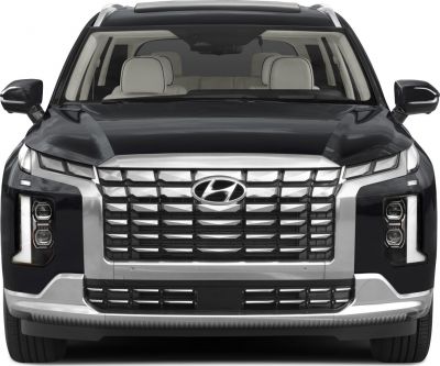 Bold front grille and LED headlights of large SUV