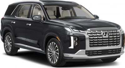 Front exterior of large SUV with bold grille and split headlights